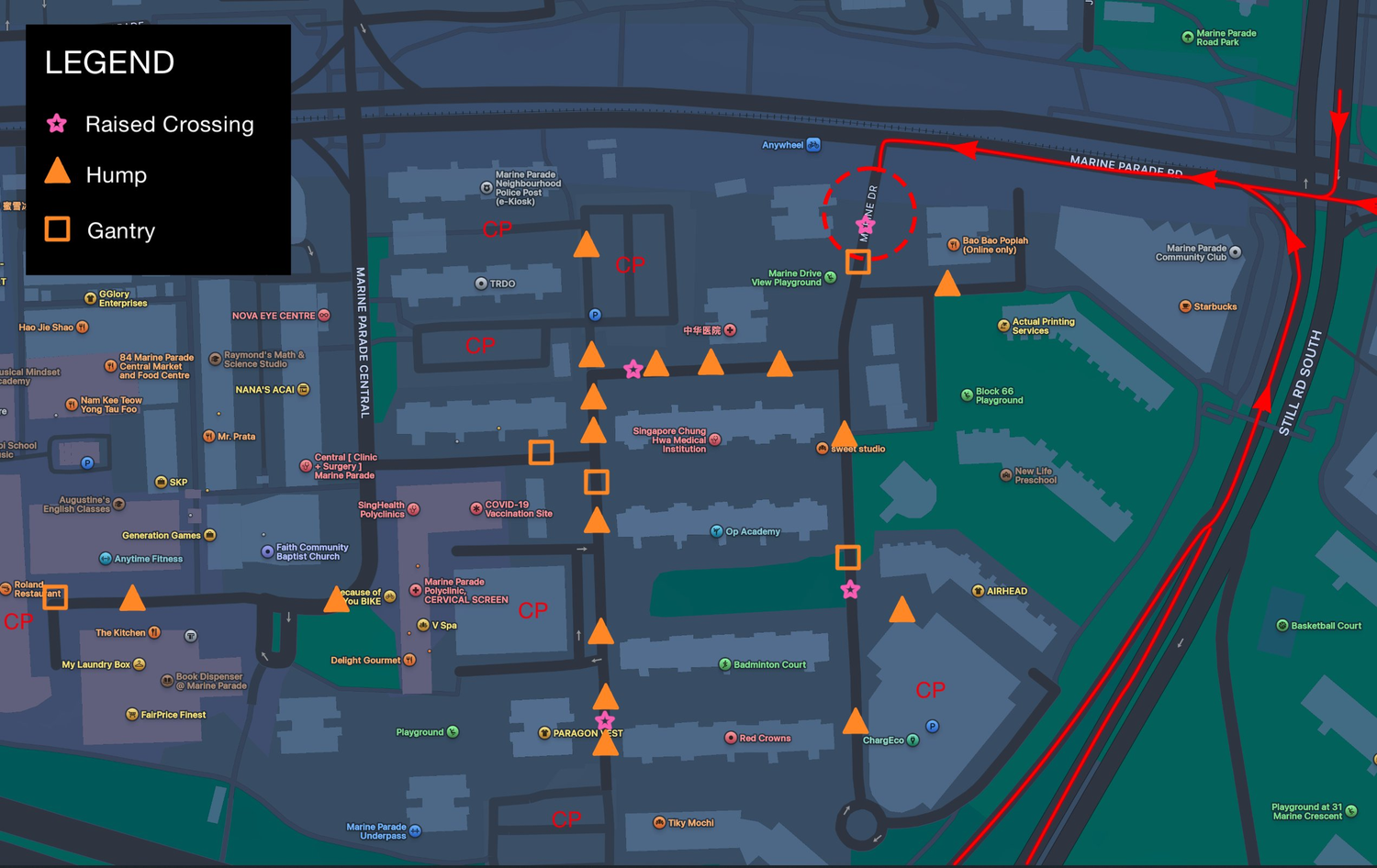Map of Marine Parade estate showing speed humps and raised crossings throughout, with the 71-72 Marine Drive crossing circled in red as the unprotected entry point